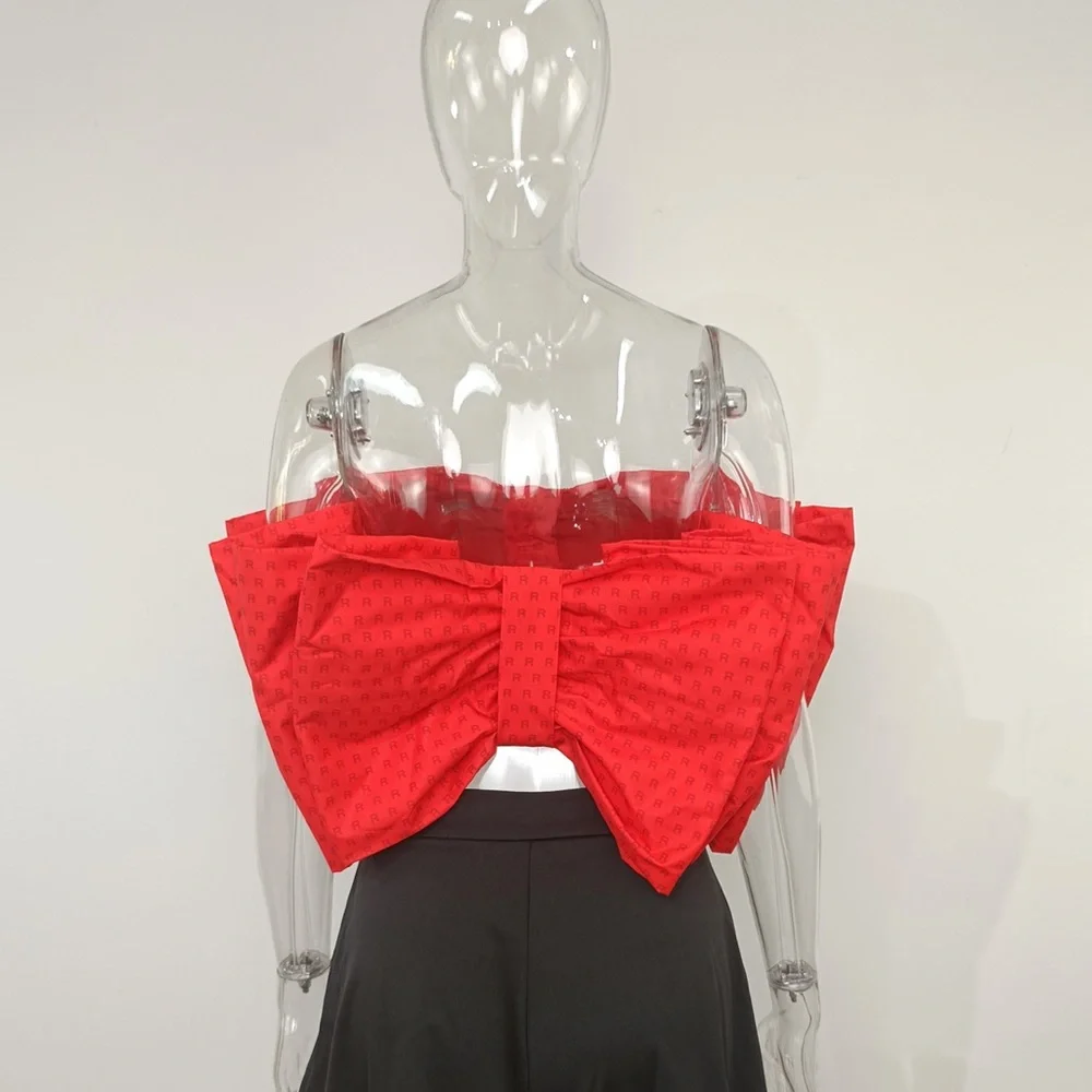 Red “R” Print Big Bow Strapless Top - Picture 3 of 4